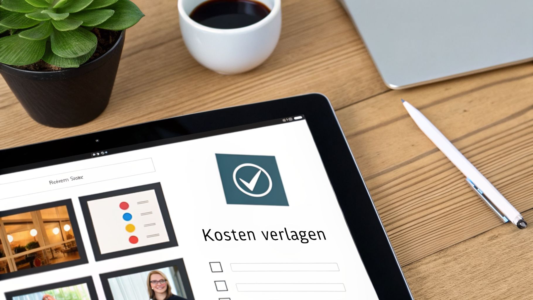 Tablet op een houten bureau met een plant, koffie en pen. Het scherm toont 'Kosten verlagen' en checkboxes.