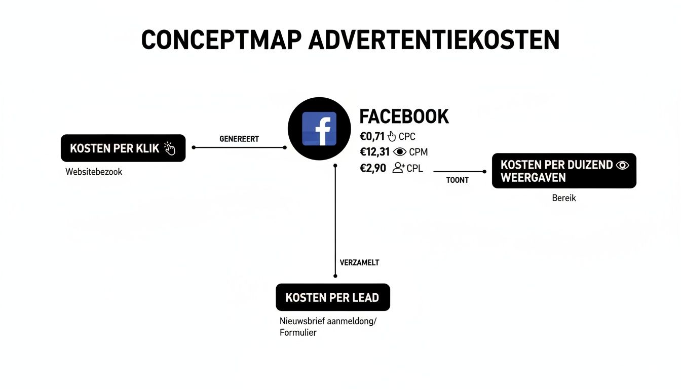 Conceptmap over advertentiekosten op Facebook, met CPC, CPM en CPL tarieven en bijbehorende acties.