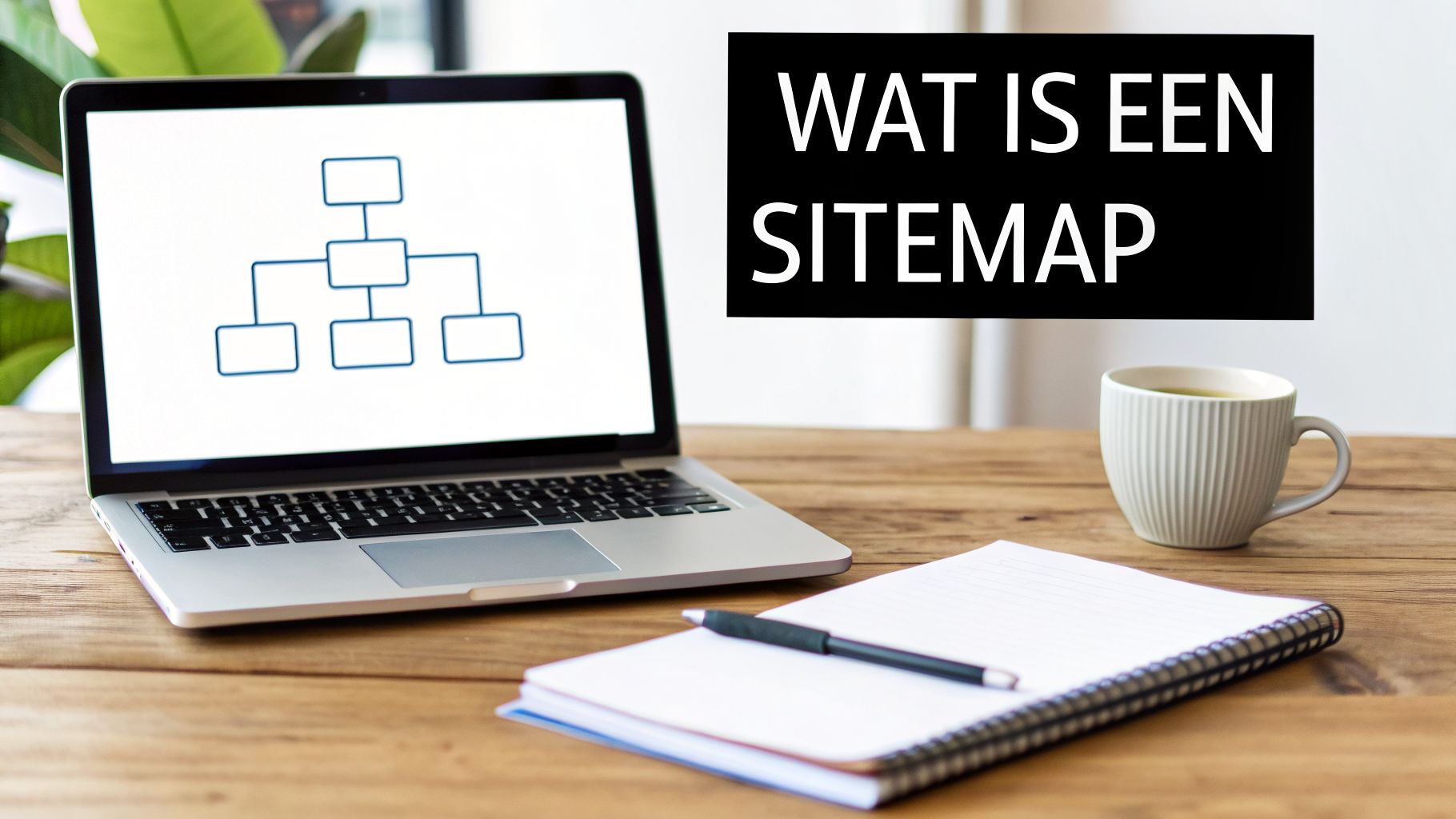 Laptop met sitemap op scherm, notitieboek, pen en kopje thee op bureau. Tekst: 'WAT IS EEN SITEMAP'.
