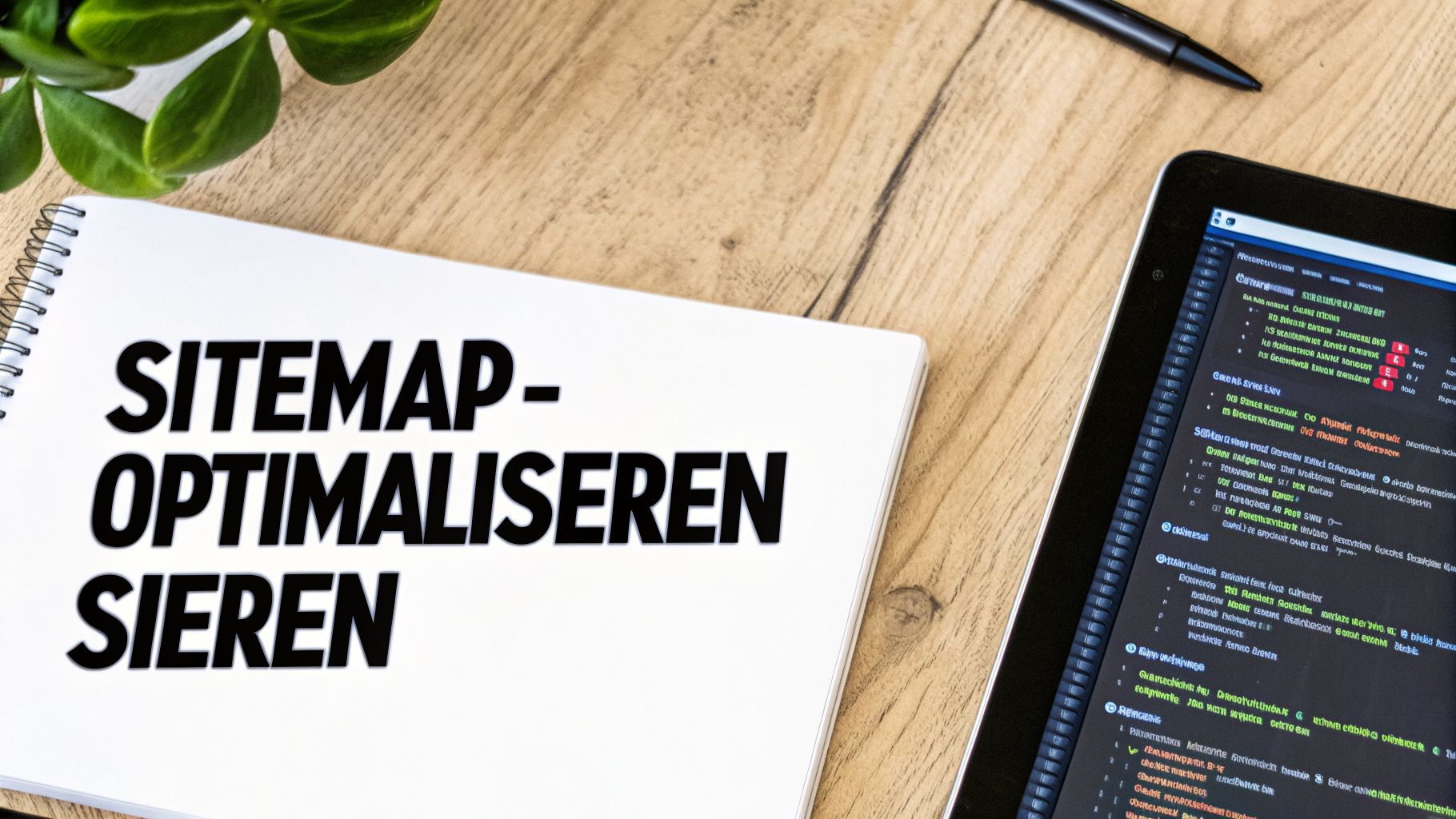 Notitieboekje met de tekst 'SITEMAP - OPTIMALISEREN', een tablet met code en een pen op een houten bureau.