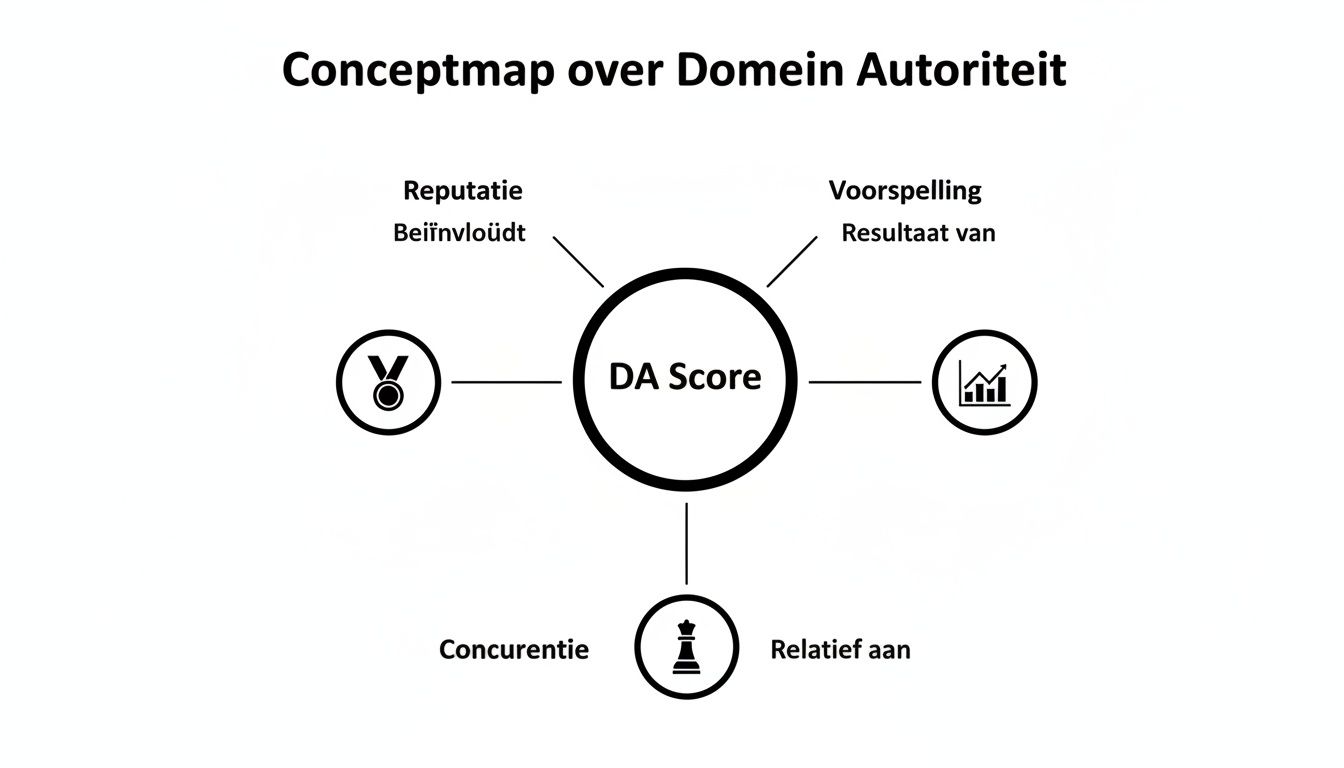 Conceptmap over Domein Autoriteit, met 'DA Score' centraal, beïnvloed door reputatie en relaterend aan voorspelling en concurrentie.