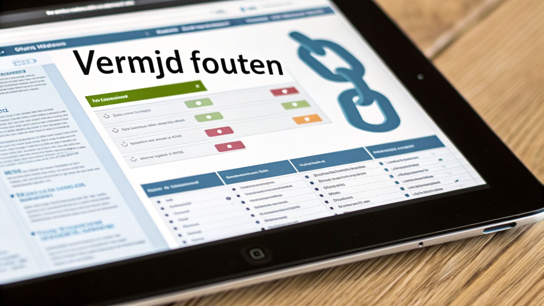 Een tablet toont een webpage met de titel 'Vermijd fouten' en een lijst met punten om te controleren.