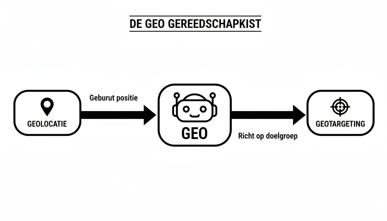Een stroomdiagram over de GEO gereedschapskist, van geolocatie naar geotargeting.
