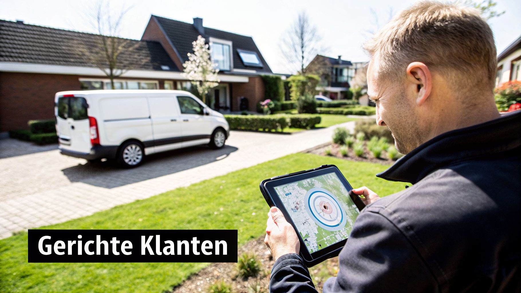 Een man bekijkt een tablet met een kaart voor gerichte klanten, met een witte bestelwagen en huizen op de achtergrond.