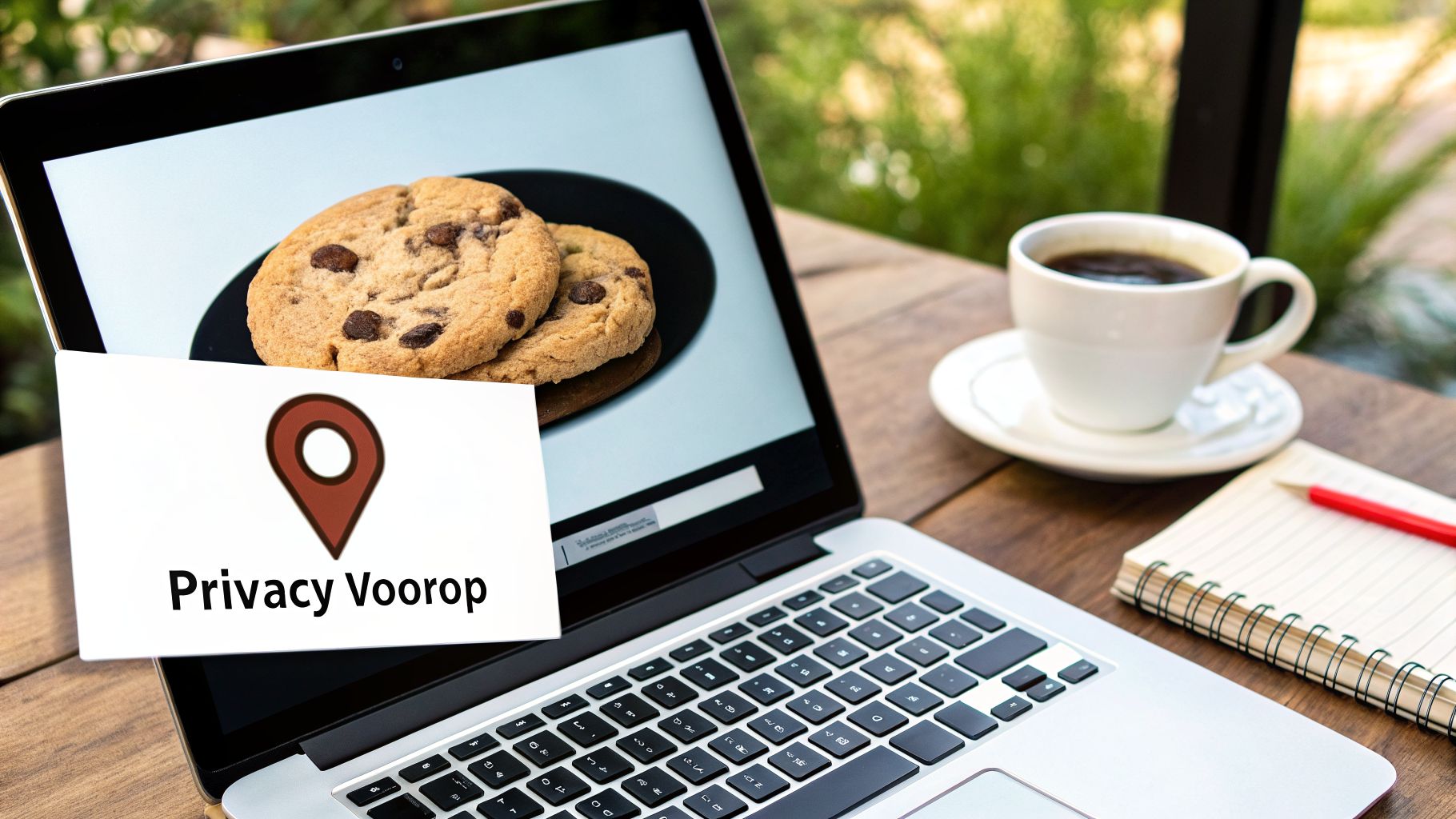 Laptop toont cookies, met een 'Privacy Voorop' kaart, koffie en notitieboek op een houten tafel.