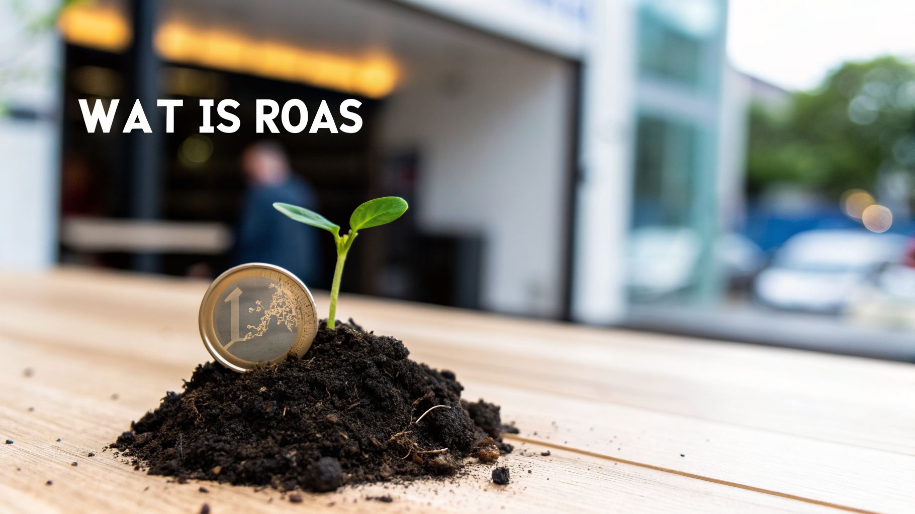 Een 1 Euro munt en een jong plantje groeien uit aarde op een houten tafel, symbolisch voor ROAS.